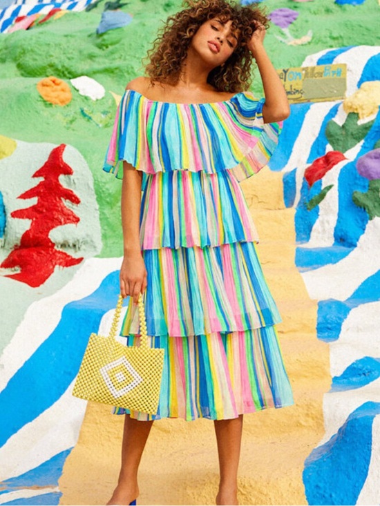 Lulus Dresses & Skirts - Lulus Gala Ready Multi Stripe Print Off-the-Shoulder Ruffle Midi Dress